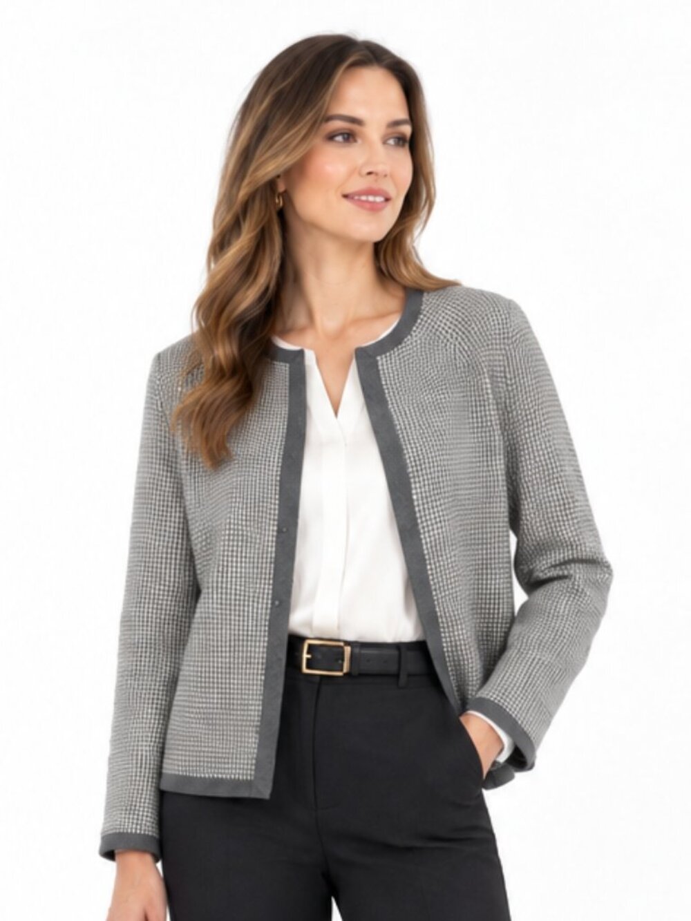 Vintage Bleyle Wool Houndstooth Jacket Gray Open Front Cardigan West Germany